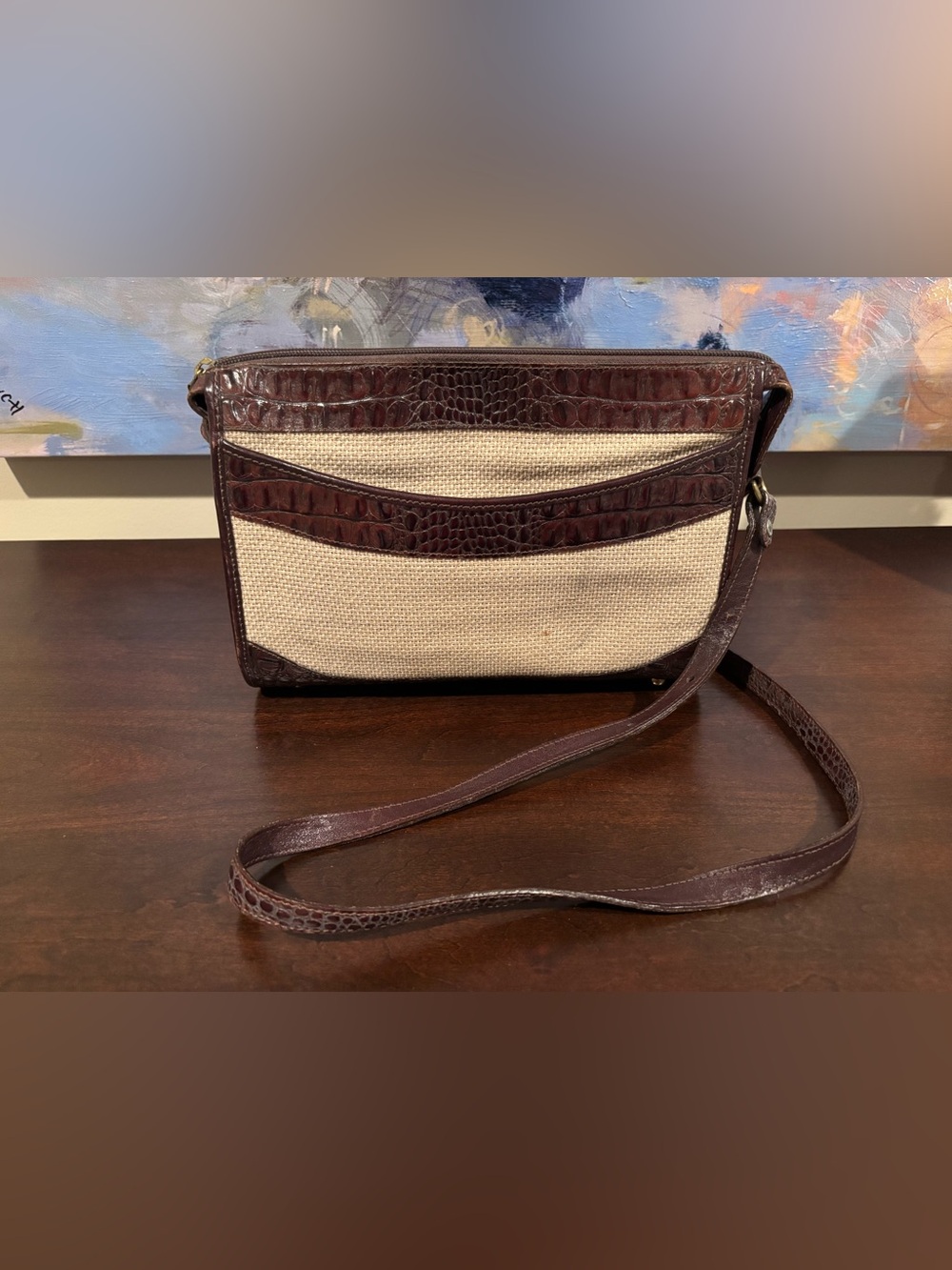 Vintage Brahmin Harbor Collection Brown Croc-Embossed Beige Fabric Crossbody Bag